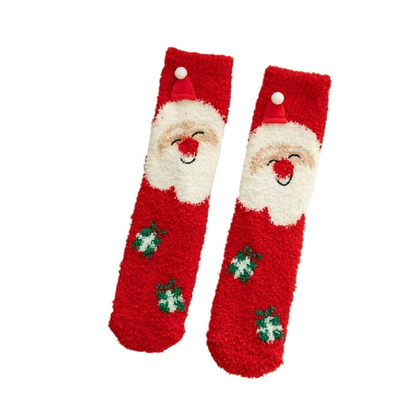 Telankuip Womens Christmas Fuzzy Mid-Calf Socks Comfortable Fluffy Funny Medium Tube Socks Anti-Slip Bottom Cute Santa X-Mas Tree Thick Winter Warm Socks Red One Size