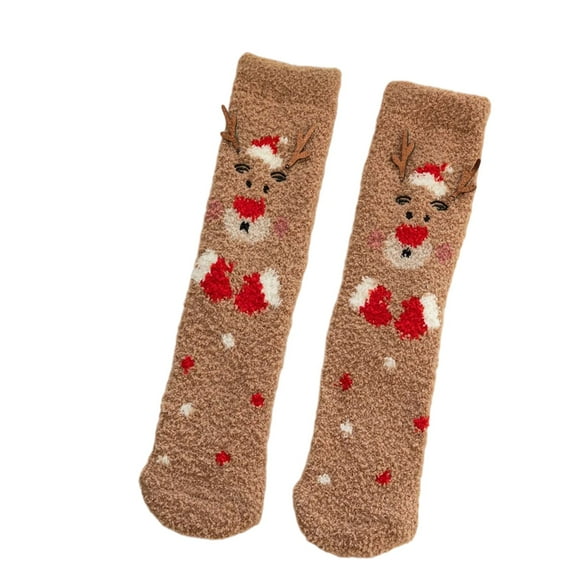 Telankuip Womens Christmas Fuzzy Mid-Calf Socks Comfortable Fluffy Funny Medium Tube Socks Anti-Slip Bottom Cute Santa X-Mas Tree Thick Winter Warm Socks Khaki One Size