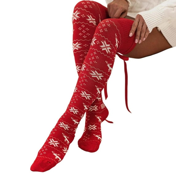Telankuip Womens Christmas Knitted Thigh High Socks with Lace up Bows Snowflake Print over Knee Boot Stockings Winter Warm Soft Comfortable Leg Warmers Socks Red One Size