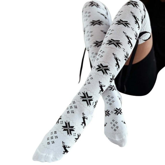 Telankuip Womens Christmas Knitted Thigh High Socks with Lace up Bows Snowflake Print over Knee Boot Stockings Winter Warm Soft Comfortable Leg Warmers Socks White One Size