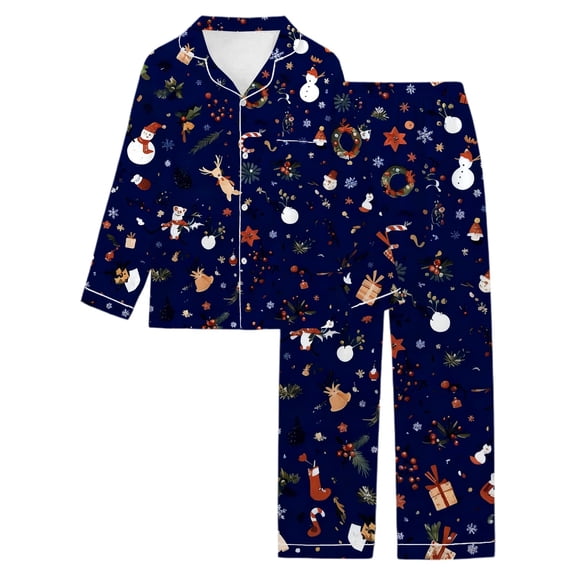 Telankuip Womens Christmas Pajamas Sets Xmas Printed Long Sleeve Button down Shirts and Pjs Pants Silk Soft Lightweight Comfort Casual Loungewear Sleepwear 3-Dark Blue XL