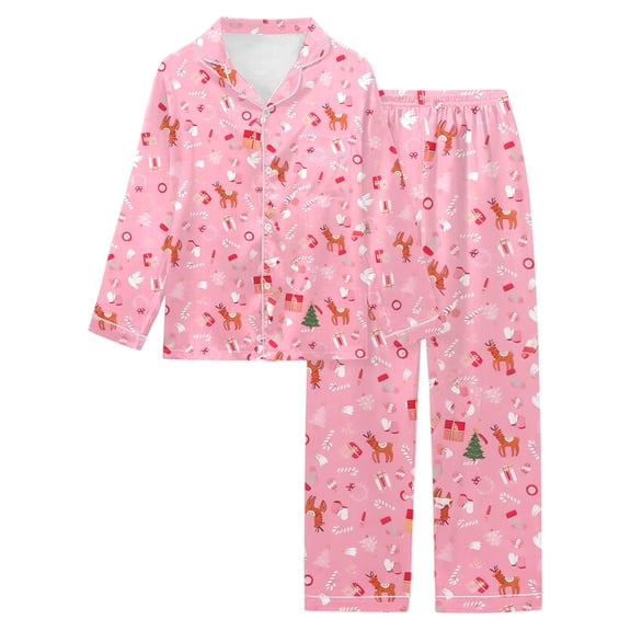 Telankuip Womens Christmas Pajamas Sets Xmas Printed Long Sleeve Button down Shirts and Pjs Pants Silk Soft Lightweight Comfort Casual Loungewear Sleepwear 6-Pink XL