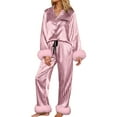 thumbnail image 1 of Telankuip Womens Christmas Pajamas Soft Satin Silk Fuzzy Trim 2 Piece Button down Loungewear Sets Trendy Striped Soft Comfort Lightweight Funny Xmas Graphic Pjs Set Pink L, 1 of 5