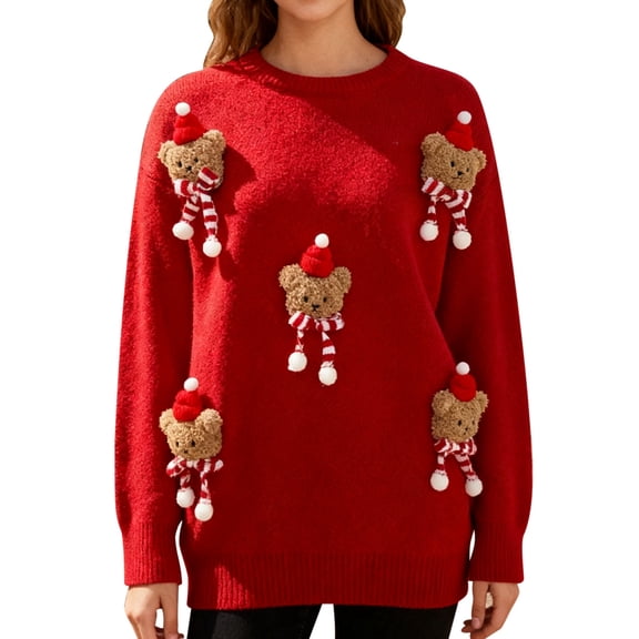 Telankuip Womens Classic Sweaters with 3D Cute Bear Knit Long Sleeve Crewneck Pullovers Winter Funny Loose Fit Soft Comfortable Warm Pullover Valentine's Day Gift for Women Red One Size