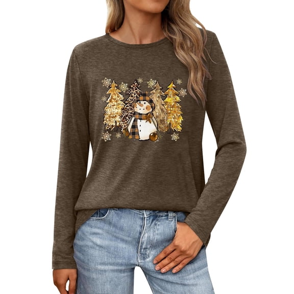 Telankuip Womens Crew Neck Long Sleeve Christmas T-Shirts Merry Christmas Leopard Plaid Tree Graphic Tee Tops 2025 Fashion Cute Snowman Printed Soft Cozy Pullover Tshirts Coffee L
