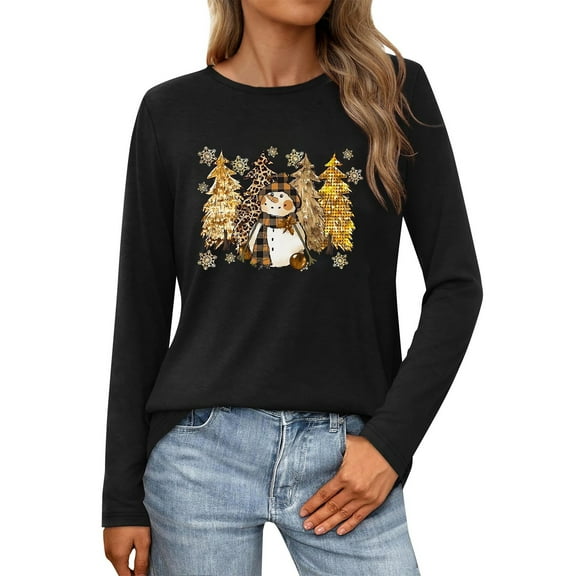 Telankuip Womens Crew Neck Long Sleeve Christmas T-Shirts Merry Christmas Leopard Plaid Tree Graphic Tee Tops 2025 Fashion Cute Snowman Printed Soft Cozy Pullover Tshirts Black S