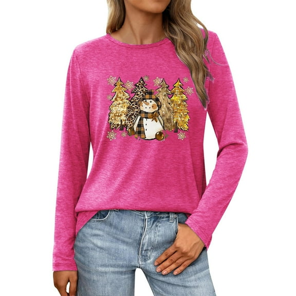 Telankuip Womens Crew Neck Long Sleeve Christmas T-Shirts Merry Christmas Leopard Plaid Tree Graphic Tee Tops 2025 Fashion Cute Snowman Printed Soft Cozy Pullover Tshirts Hot Pink S