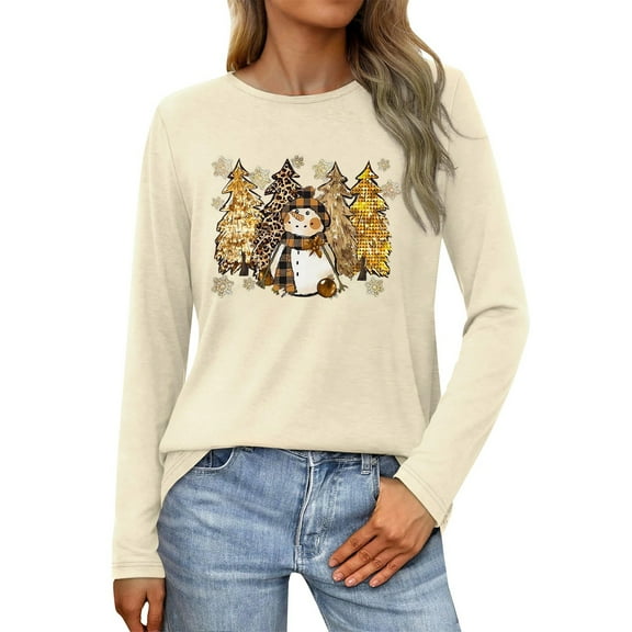 Telankuip Womens Crew Neck Long Sleeve Christmas T-Shirts Merry Christmas Leopard Plaid Tree Graphic Tee Tops 2025 Fashion Cute Snowman Printed Soft Cozy Pullover Tshirts Beige S