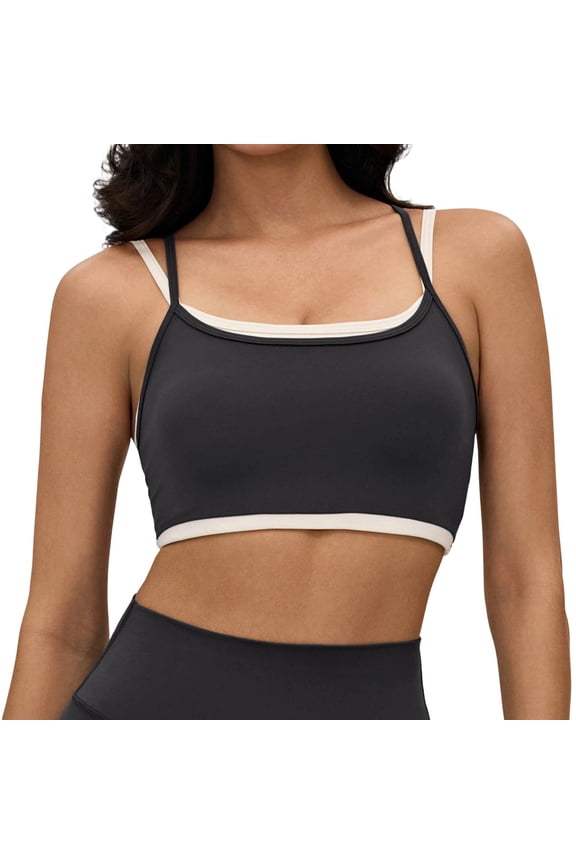 Womens Double Layered Sports Bra Top 2 in 1 Adjustable Spaghetti Straps Scoop Neck Wireless Padded Workout Yoga Crop Tank Tops Trendy Color-Block Sleeveless Sportwear Dark Gray L