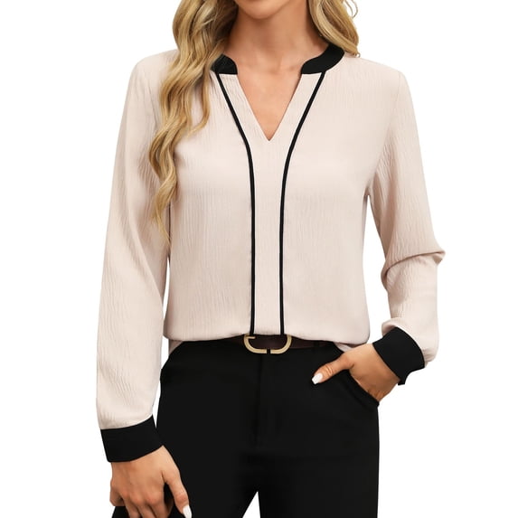 Telankuip Womens Dressy Tops Casual V-Neck Color Block Business Casual Pullover Blouses Loose Fit Comfort Long Sleeve Work T Shirts Fall Winter Lightweight Trendy Clothes White XL