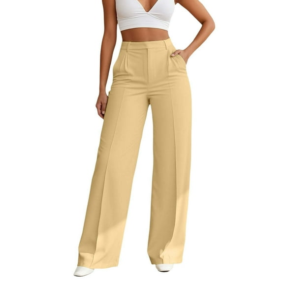 Telankuip Womens High Waist Wide Leg Dress Work Pants Loose Fit Straight Office Long Pants Lightweight Comfy Business Casual Solid Color Baggy Trousers with Pockets Yellow XL