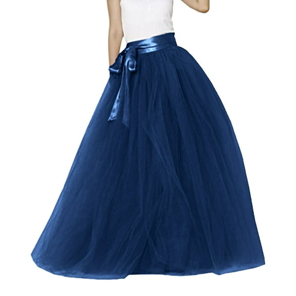 Telankuip Womens a Line Maxi Tulle Tutu Skirts for Prom Party Layered Mesh Elasti High Waisted Bow Belt Lightweight Flowy Long Skirt Trendy Solid Color Carnival Holiday Outfits Dark Blue One Size