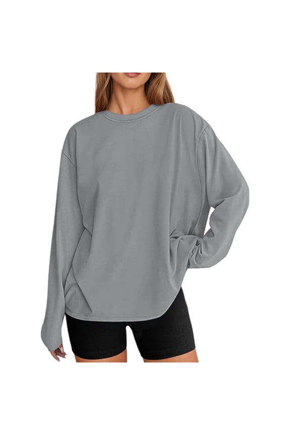 Womens Long Sleeve Oversized T Shirts Basic Solid Color Crewneck Workout Tee Tops 2025 Fall Winter Loose Fit Casual Stylish Workout Clothes Grey S