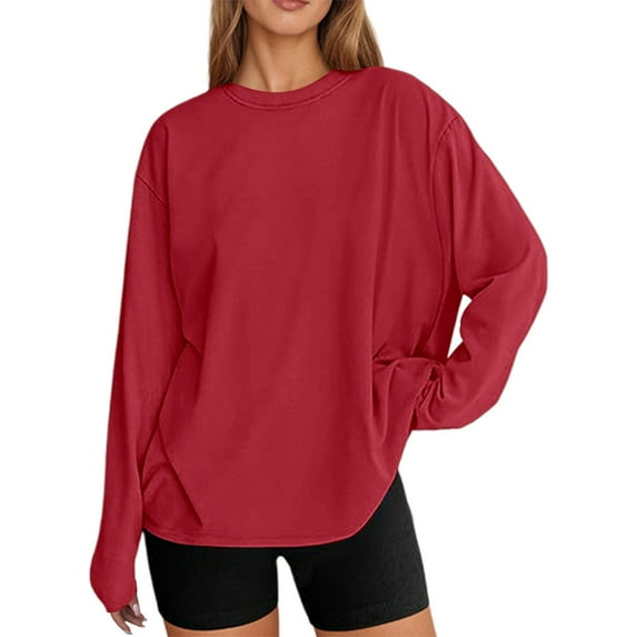 Telankuip Womens Long Sleeve Oversized T Shirts Basic Solid Color Crewneck Workout Tee Tops 2025 Fall Winter Loose Fit Casual Stylish Workout Clothes Red M