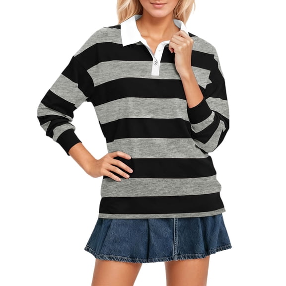 Telankuip Womens Long Sleeve Striped Polo T-Shirts Loose Fit Y2k Color Block Pullover T Shirts Casual Comfortable Soft Streetwear Rugby Going out Tops Grey L