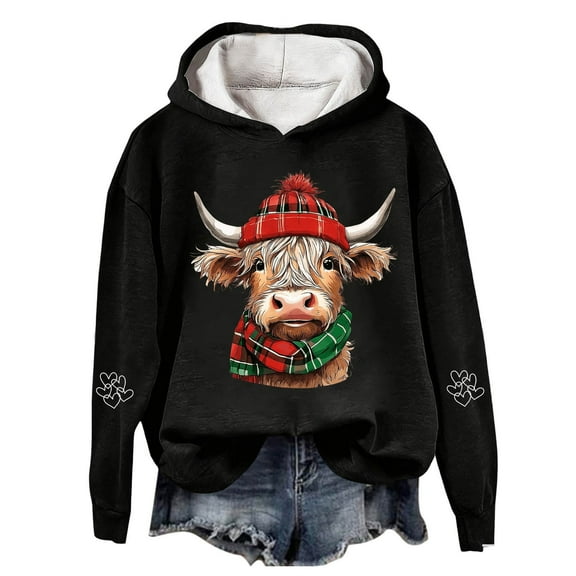 Telankuip Womens Oversized Christmas Hoodies Funny Highland Cow with X-Mas Scarf and Hat Graphic Long Sleeve Sweatshirts Loose Fit Comfort Holiday Hooded Pullover Tops Black S