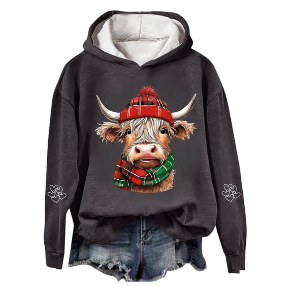 Telankuip Womens Oversized Christmas Hoodies Funny Highland Cow with X-Mas Scarf and Hat Graphic Long Sleeve Sweatshirts Loose Fit Comfort Holiday Hooded Pullover Tops Dark Gray XXL