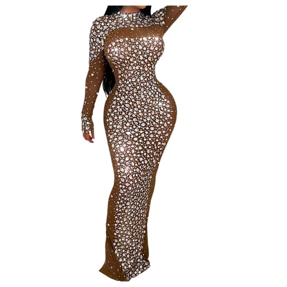 Telankuip Womens Rhinestone Mesh Stretch Maxi Dress Mock Neck Long Sleeve Bodycon Long Evening Formal Dress Soft Lightweight Comfy Slimming Fashion Cocktail Party Evening Gown Khaki S