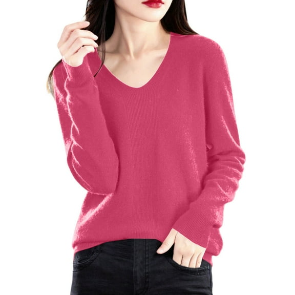 Telankuip Womens Ribbed Knit Wool Sweaters V-Neck Long Sleeve Comfortable Slim Fit Pullover Sweaters Fall Winter Plain Soft Warm Jumper Outfits Hot Pink M