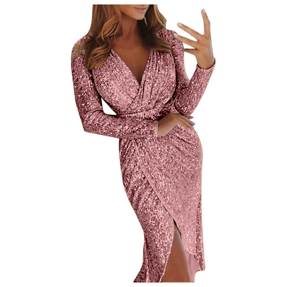 Telankuip Womens Sequin Midi Dresses Trendy Knee Length Sparkly Glitter Ruched Party Club Dressy Long Sleeve Wrap V-Neck Side Split Stretch Tight Solid Cocktail Bodycon Dress Pink S