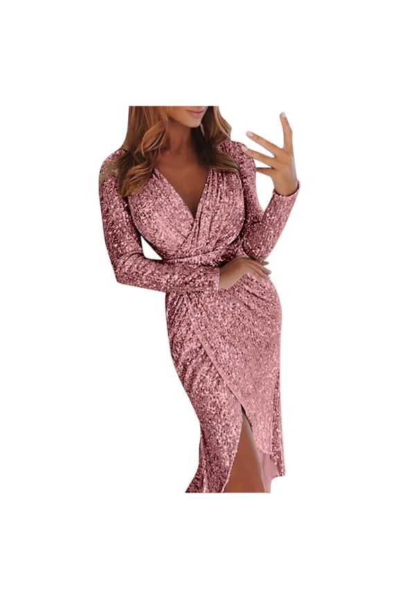 Womens Sequin Midi Dresses Trendy Knee Length Sparkly Glitter Ruched Party Club Dressy Long Sleeve Wrap V-Neck Side Split Stretch Tight Solid Cocktail Bodycon Dress Pink S