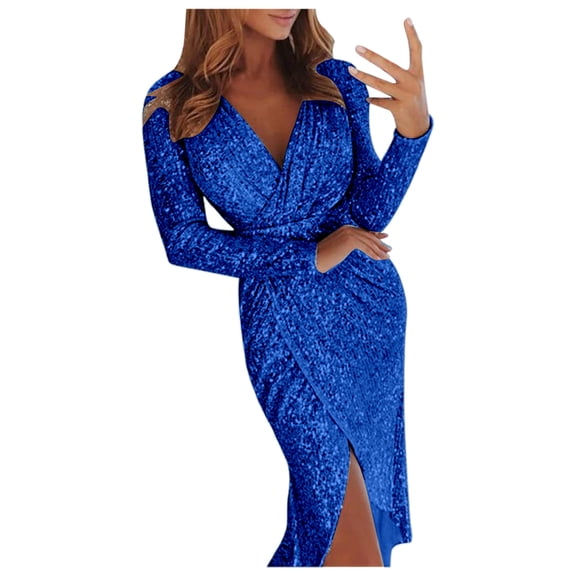 Telankuip Womens Sequin Midi Dresses Trendy Knee Length Sparkly Glitter Ruched Party Club Dressy Long Sleeve Wrap V-Neck Side Split Stretch Tight Solid Cocktail Bodycon Dress Blue L