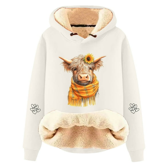 Telankuip Womens Sherpa Lined Christmas Hoodies Cute Girly Style Highland Cow Graphic Long Sleeve Hooded Sweatshirts Loose Soft Winter Warm Comfort Holiday Pullover Tops Beige M