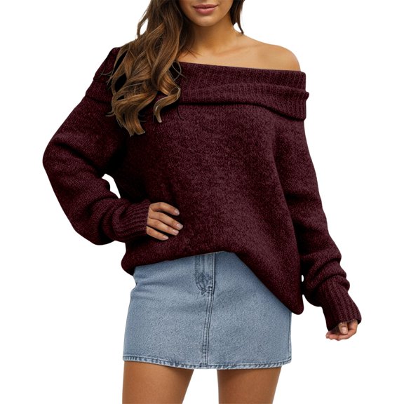 Telankuip Womens off the Shoulder Sweaters Oversized Batwing Sleeve Loose Pullover Trendy Solid Color Comfortable Knitted Sweater Tops for Casual and Stylish Daily Wear Red S
