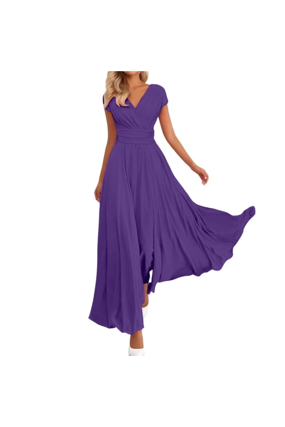 Womens Summer Wedding Guest Dresses Short Sleeve V-Neck High Waisted Wrap Maxi Length Evening Gowns Bridesmaid Dresses Plus Size Flowy Long Sundress Dark Purple XXXL