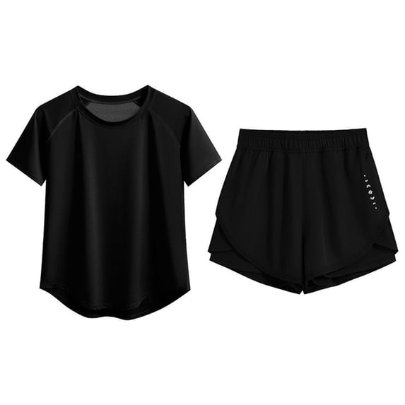 Telankuip Womens Summer Workout Sets Summer 2 Piece Crewneck Short Sleeve T-Shirts and Loose Fit Shorts Yoga Running Fitness Outfits Breathable Quick Drying Training Activewear Black XXXL