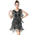 thumbnail image 1 of Telankuip Womens Trendy Fringe Sequin Latin Dance Short Dress for Party Performance Stage Show Ballroom Tango Outfit V-Neck Sleeveless Solid Color Sparkling Mini Dresses Dark Gray XXL, 1 of 3