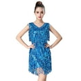 thumbnail image 1 of Telankuip Womens Trendy Fringe Sequin Latin Dance Short Dress for Party Performance Stage Show Ballroom Tango Outfit V-Neck Sleeveless Solid Color Sparkling Mini Dresses Sky Blue L, 1 of 3