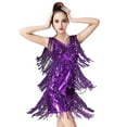 thumbnail image 1 of Telankuip Womens Trendy Fringe Sequin Latin Dance Short Dress for Party Performance Stage Show Ballroom Tango Outfit V-Neck Sleeveless Solid Color Sparkling Mini Dresses Purple XL, 1 of 3
