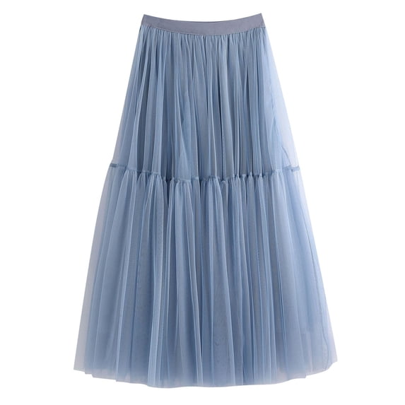 Telankuip Womens Tulle Elastic High Waist Elegant Midi Long Skirts Casual Solid Color Soft Comfort Sweet Casual Mesh Flowy Tutu Skirts Light Blue One Size