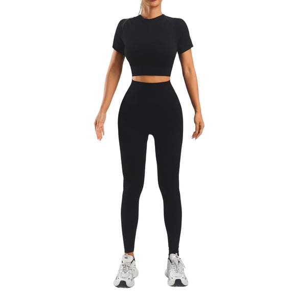 Telankuip Womens Workout Sets 2 Piece Seamless Crew Neck Short Sleeve Crop Top Matching High Waist Tummy Control Leggings Lightweight Breathable Yoga Gym Outfits Black L