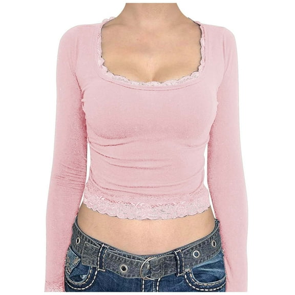 Telankuip Womens Y2k Retro Long Sleeve T Shirts Square Neck Slim Fit Lace Trim T-Shirts Harajuku Fairy Aesthetic Soft Comfortable Solid Color Tight Tee Tops Streetwear Pink XS