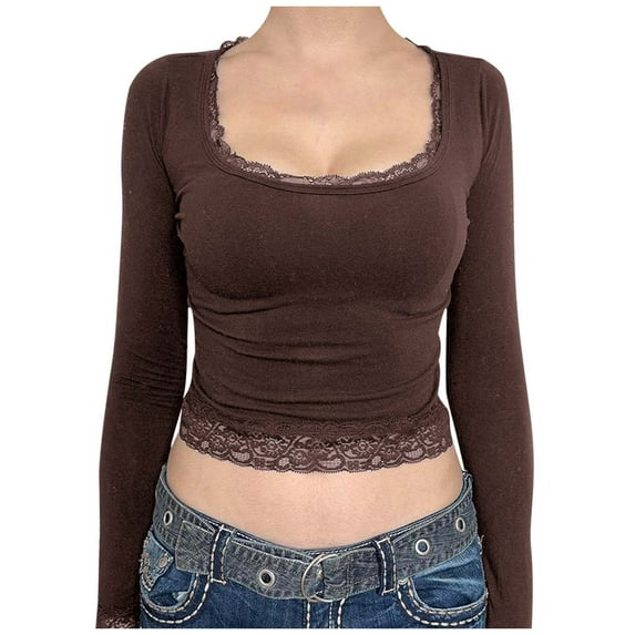 Telankuip Womens Y2k Retro Long Sleeve T Shirts Square Neck Slim Fit Lace Trim T-Shirts Harajuku Fairy Soft Comfortable Solid Color Tight Tee Tops Streetwear Coffee M