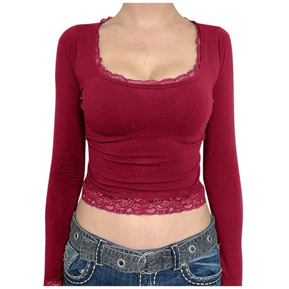 Telankuip Womens Y2k Retro Long Sleeve T Shirts Square Neck Slim Fit Lace Trim T-Shirts Harajuku Fairy Soft Comfortable Solid Color Tight Tee Tops Streetwear Red XS