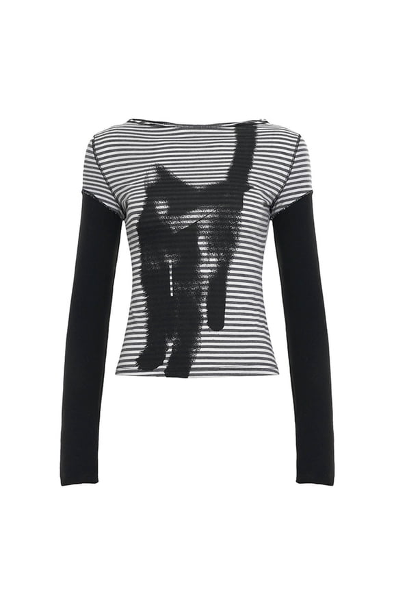 Y2k Loose Fit Pullover Tshirts Crew Neck Long Sleeve Two Piece Harajuku Printed Punk Tees Casual Soft Comfortable Rock Emo Grunge Fall Going out Tops Grey L