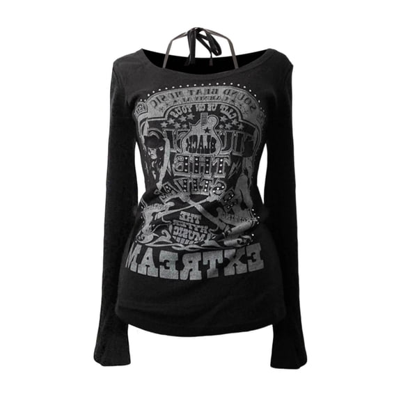 Telankuip Y2k Loose Fit Pullover Tshirts Crew Neck Long Sleeve Striped Harajuku Printed Punk Tees Casual Soft Comfortable Rock Emo Grunge Aesthetic Fall Going out Tops Black3 M