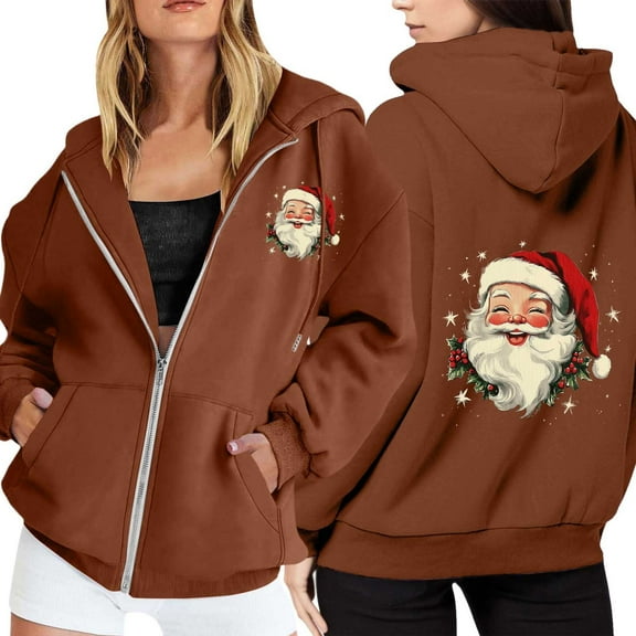 Telankuip Zip up Hoodies for Women Christmas Retro Santa Claus Graphic Long Sleeve Full Zipper Jackets Loose Drop Shoulder Comfy Drawstring Hooded Sweatshirts with Pockets Brown XXL