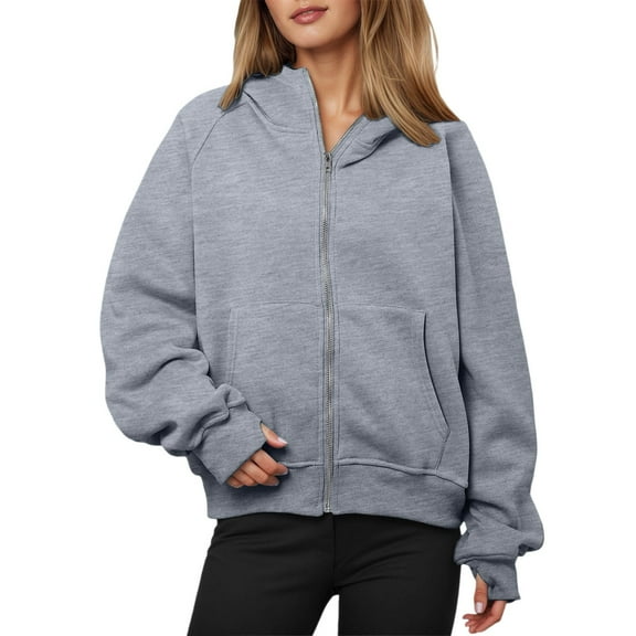 Telankuip Zip up Hoodies for Womens Casual Relaxed Fit Solid Color Hooded Sweatshirts with Thumbholes and Pockets Autumn and Winter Outerwear Full Zipper Jackes Grey S
