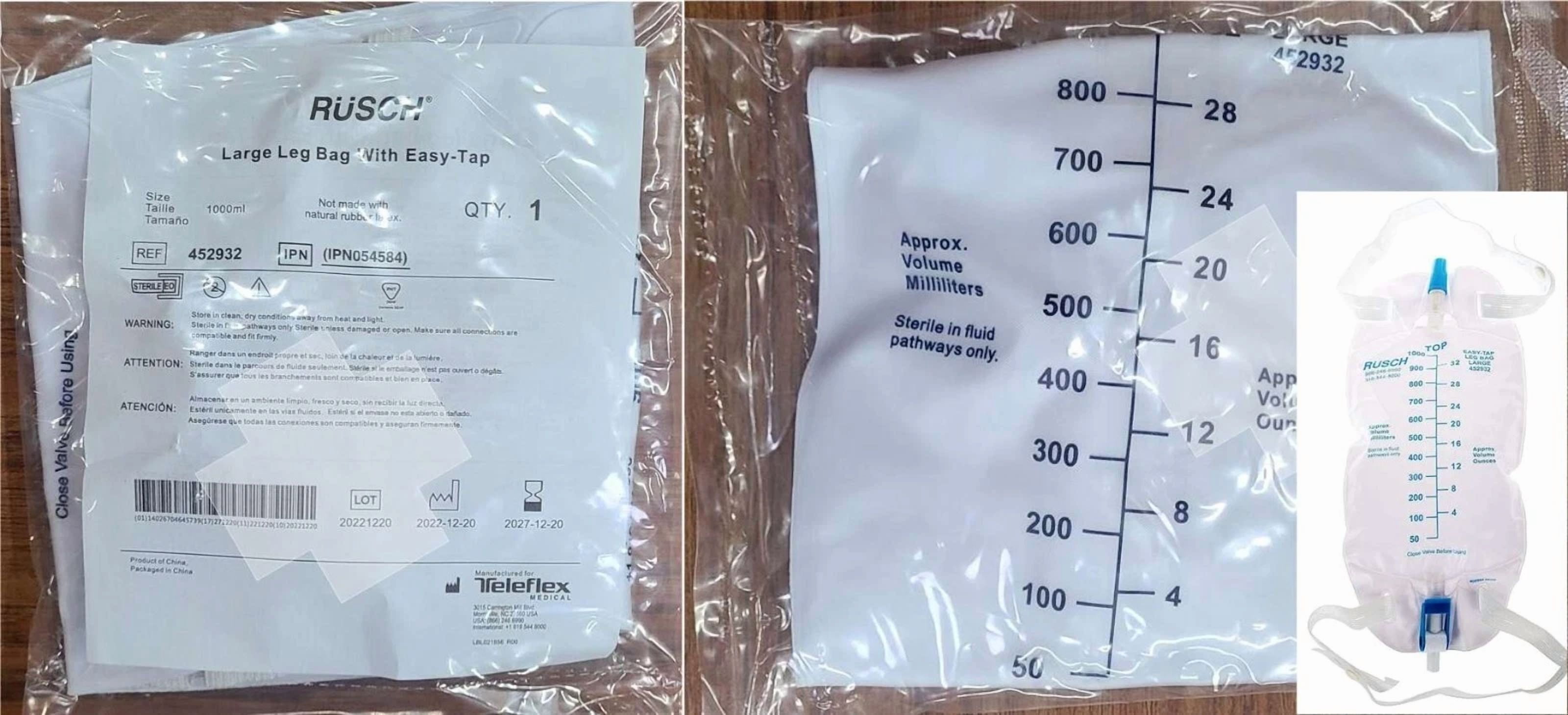 Teleflex Rusch Easy Tap Large Urinary Leg Bag 1L 1000Ml Two Cloth Straps 452932