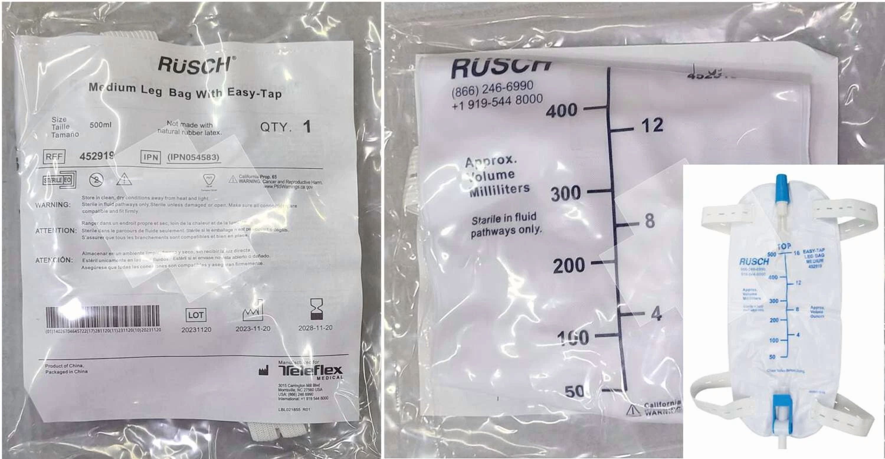 Teleflex Rusch Easy Tap Medium Urinary Leg Bag 500Ml Two Cloth Straps 452919