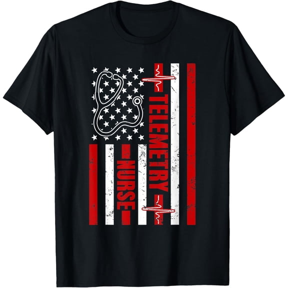 Telemetry Nurse USA American flag Heartbeat Stethoscope T-Shirt