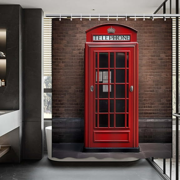 Telephone Booth Shower Curtain London Streets UK Red Brick Shower Curtain Retro Romantic England City Scenery Old Street Vintage Building Bathroom Decor Set with 12 Hooks 72x72 Inches