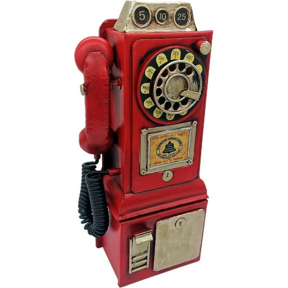 Telephone Model Coin Bank Red Antique Telephone Model Coin Bank Piggy Bank Saving Bank Vintage Rotate Classic Look Dial Pay Phone Model Retro Booth Home Decoration Ornament