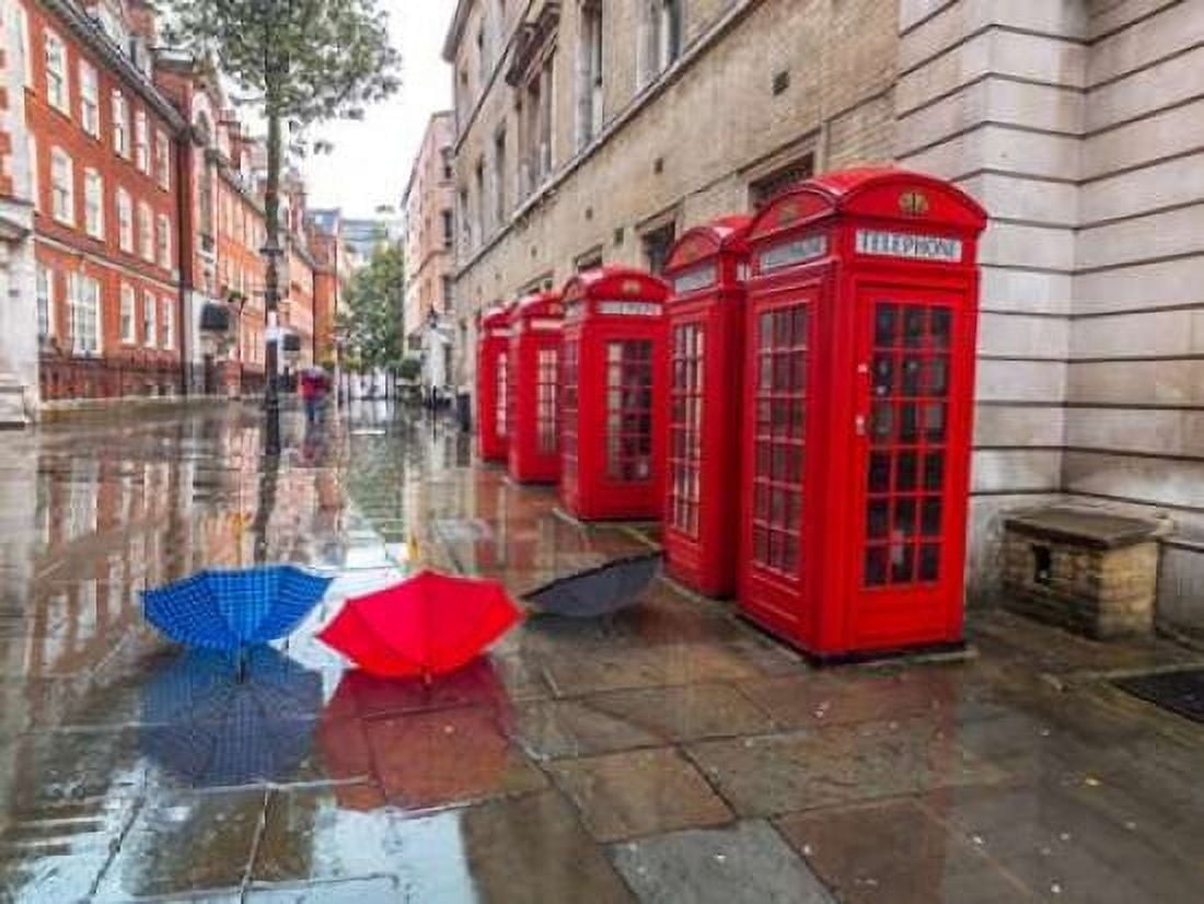 Telephone boxes with umbrellas Canvas Art - Assaf Frank (18 x 24)