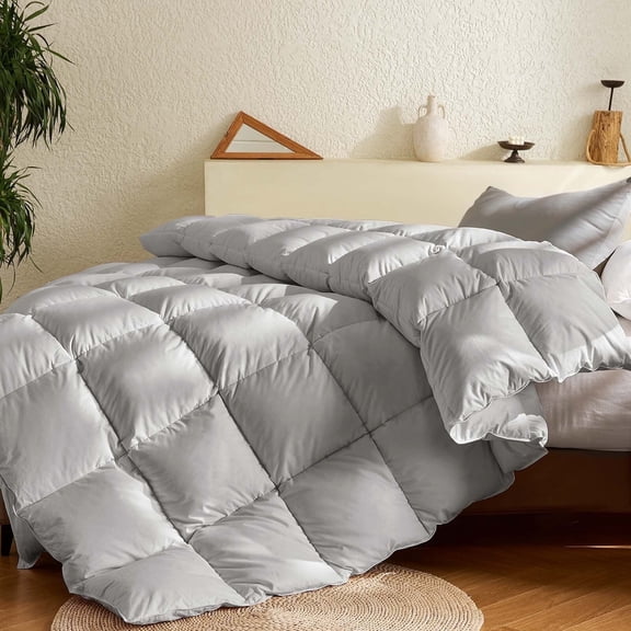 Teler Goose Down Comforter Queen Size, Extra Fluffy White Duvet Insert, Ultra-Soft, Breathable , All Season Hotel Luxury Bedding Comforters, 4 Corner & Center Loops , Light Gray