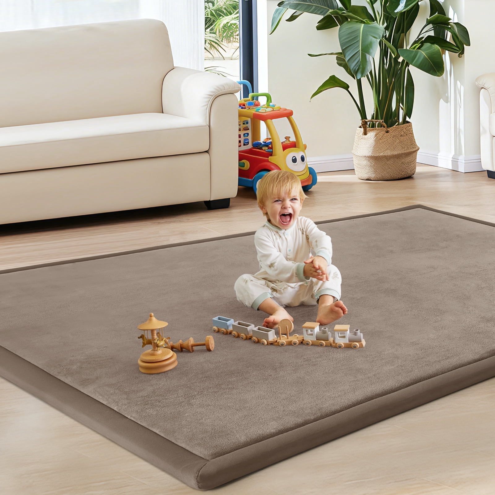Teler Baby Play Mat for Floor, 1.3" Thick Foam 50"×50" Playmat, Ultra-Soft Plush Feel & Non-Slip Backing Safe for Infants, Toddlers Crawling, Brown